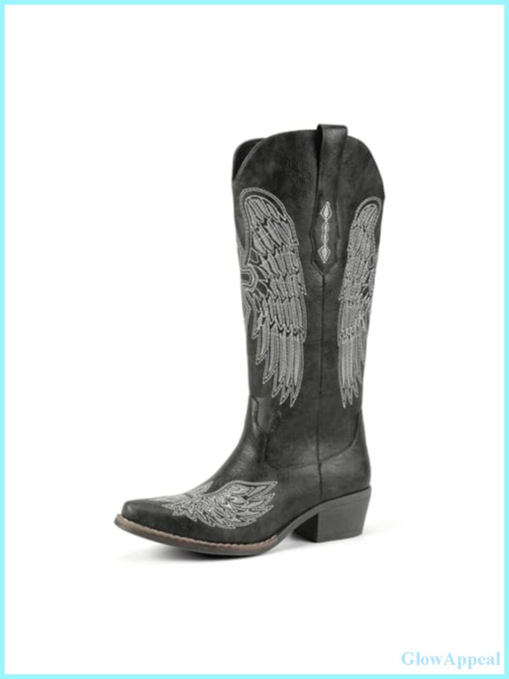 Western Cowboy Boots Faux Leather Mid-Calf Angel Wings Embroidered Pointed Toe